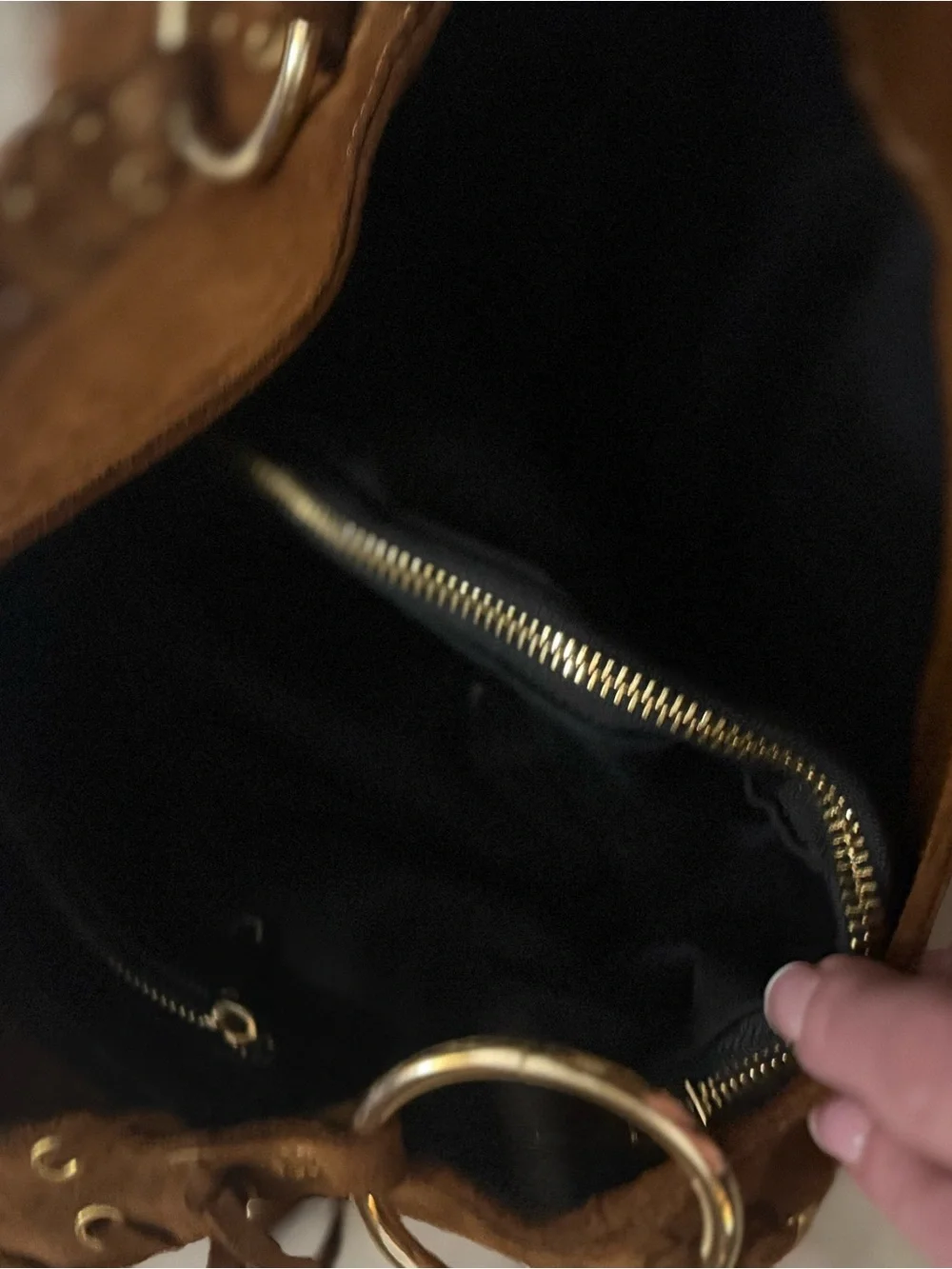 Brown Suede Shoulder Bag with Eyelet Lacing